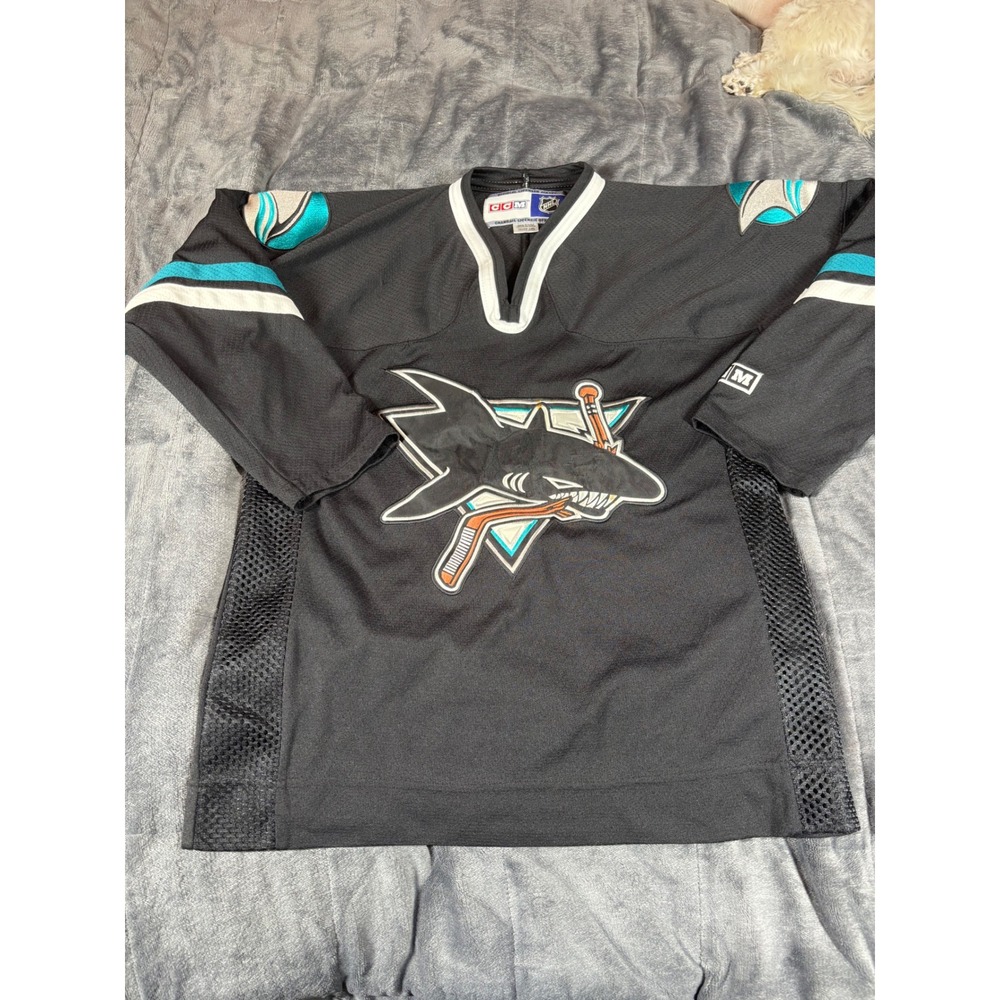 CCM San Jose Sharks NHL Hockey Jersey Youth L/XL Black Teal Mesh Side Panels